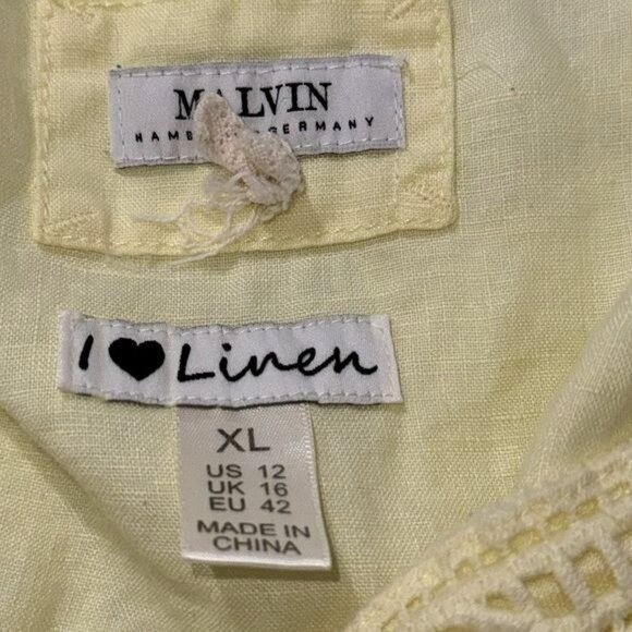 Yellow Linen Tunic Dress With Crochet Neck Detail By Malvin Size XL - Picture 4 of 8